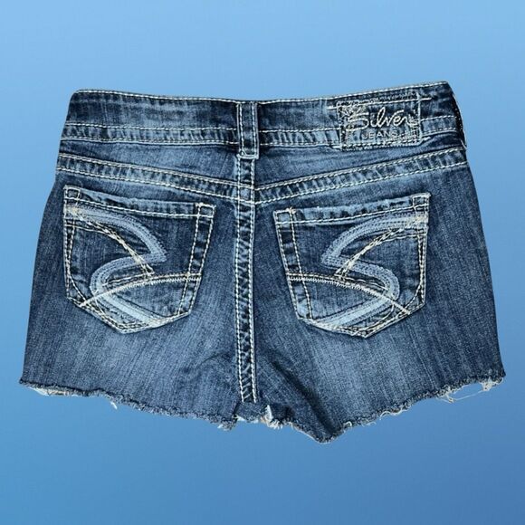Silver Suki Factory Cut Off Blue Embroidery Denim Shorts Size 28” Waist #81 - Picture 1 of 4